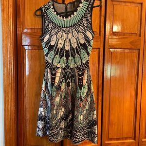 BCBG Maxazria - Green/Navy multi patterned cut-out dress